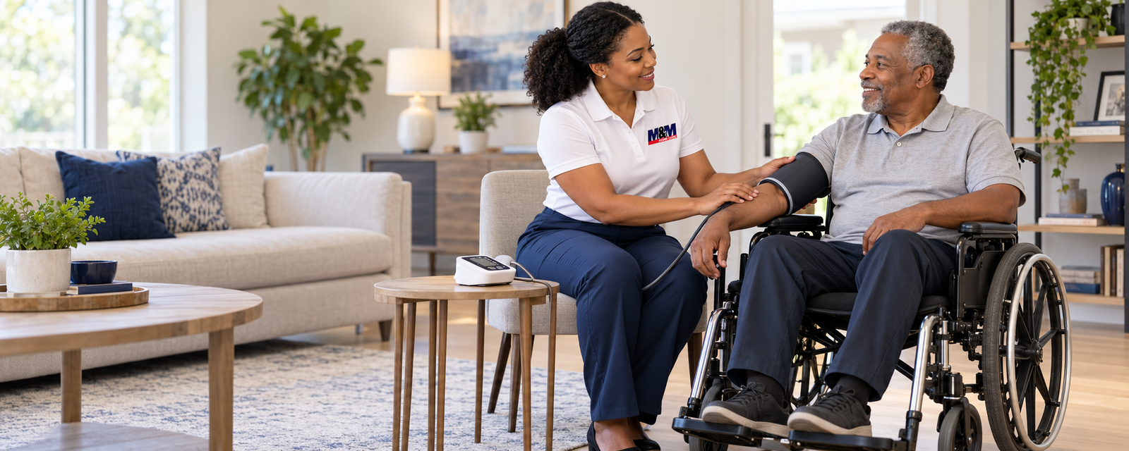 Illustration of a compassionate nursing visit in a patient's home.